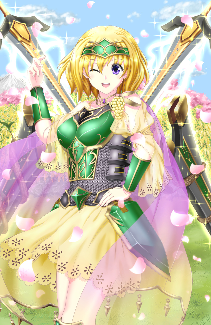 ;d acacia_(flower_knight_girl) armor armored_dress bad_id bad_pixiv_id blonde_hair cape choker circlet commentary_request cowboy_shot female flower_knight_girl green_armor hand_on_own_hip highres looking_at_viewer one_eye_closed open_mouth petals purple_eyes short_hair skirt smile solo sword tks_(tksmk3) weapon yellow_skirt