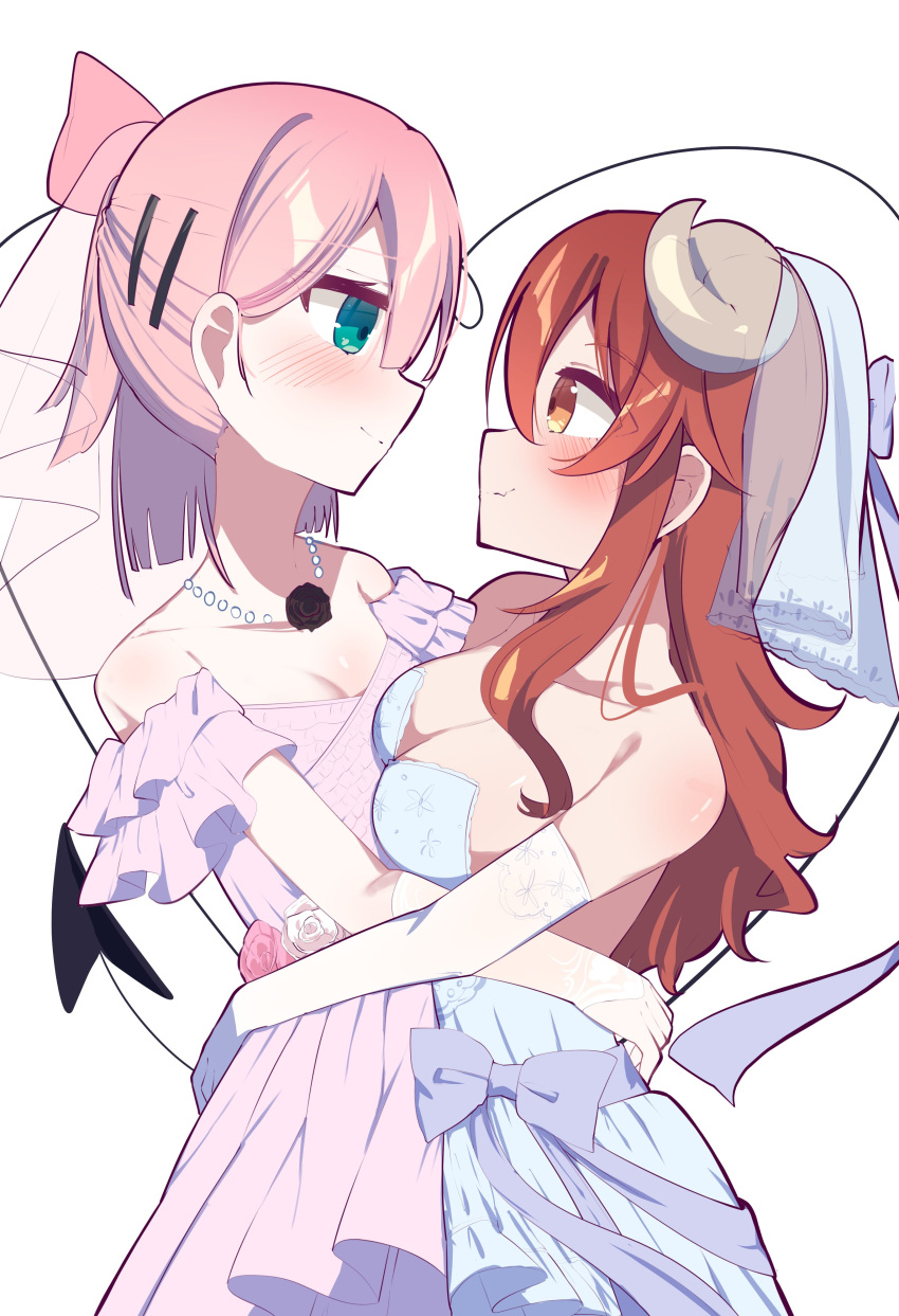 2girls absurdres blush bow breasts brown_eyes brown_hair chiyoda_momo cleavage demon_girl demon_horns demon_tail dress elbow_gloves eye_contact gloves green_eyes hair_ornament hairbow hairclip highres horns hug jewelry large_breasts long_hair looking_at_another machikado_mazoku medium_breasts medium_hair multiple_girls necklace pink_hair shimeji_wyvern simple_background smile tail veil white_background white_dress yoshida_yuuko_(machikado_mazoku) yuri