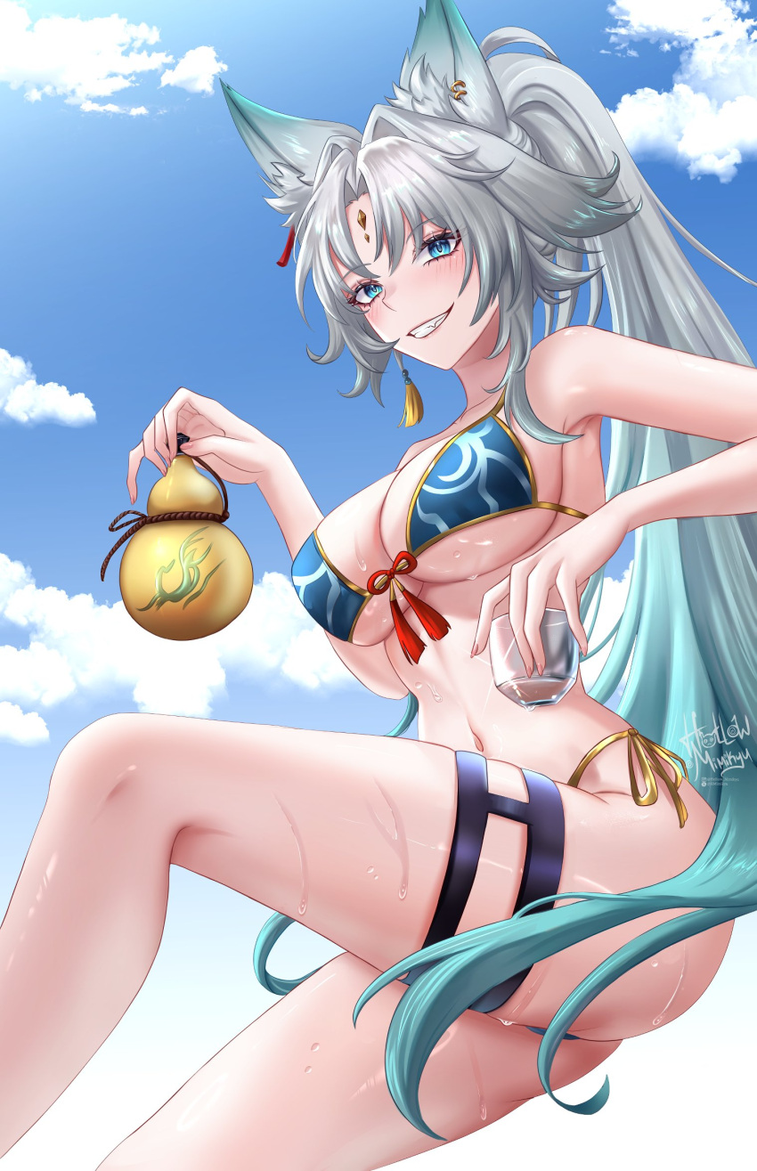 alternate_costume animal_ear_fluff animal_ears aqua_eyes aqua_hair aqua_panties armpits bikini blue_bikini blue_sky blush breasts cleavage cloud commentary cup day english_commentary feet_out_of_frame feixiao_(honkai:_star_rail) female fingernails forehead_jewel fox_ears fox_girl grey_hair grin highres holding holding_cup hollow_mimikyu honkai:_star_rail honkai_(series) invisible_chair large_breasts long_hair looking_at_viewer multicolored_hair navel outdoors panties parted_bangs sideboob signature sitting sky smile solo stomach swimsuit thigh_strap thighs underboob underwear very_long_hair wet