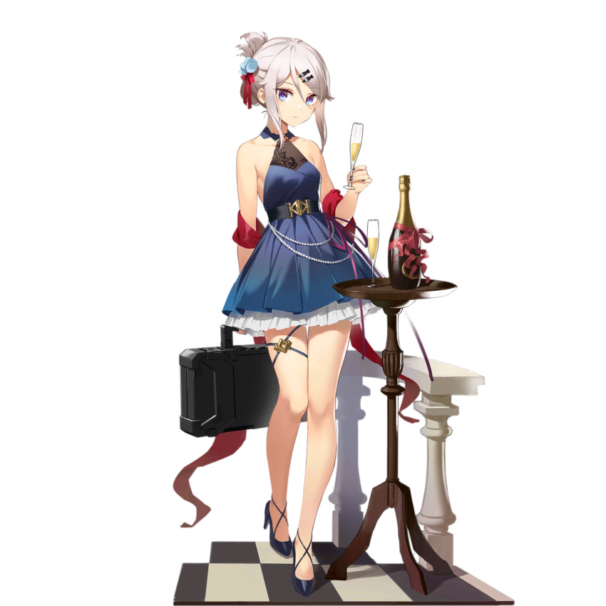 9a-91_(girls'_frontline) 9a-91_(hidden_secret)_(girls'_frontline) alcohol belt black_belt black_footwear blue_dress blue_eyes breasts champagne champagne_bottle champagne_flute checkered_floor closed_mouth cup dress drinking_glass fangdan_runiu female fish_hair_ornament flower folded_ponytail full_body girls'_frontline hair_between_eyes hair_flower hair_ornament hair_ribbon hairclip high_heels highres holding holding_case holding_cup light_smile looking_at_viewer medium_breasts no_socks official_alternate_costume official_art railing red_ribbon red_shawl ribbon shawl short_hair sidelocks simple_background sleeveless sleeveless_dress solo standing table thigh_strap third-party_source tile_floor tiles transparent_background weapon_case white_hair