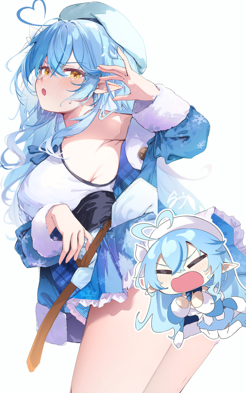 absurdres ahoge ass beret blue_eyes blue_jacket blue_panties blue_skirt blush breasts chibi closed_mouth commentary elf female frilled_skirt frills hat heart heart_ahoge highres hololive jacket large_breasts laudayon leaning_forward long_hair long_sleeves off_shoulder open_clothes open_jacket panties pointy_ears shirt simple_background skirt sleeveless sleeveless_shirt snowflake_print solo standing symbol-only_commentary underwear virtual_youtuber white_background yellow_eyes yukihana_lamy yukihana_lamy_(1st_costume)