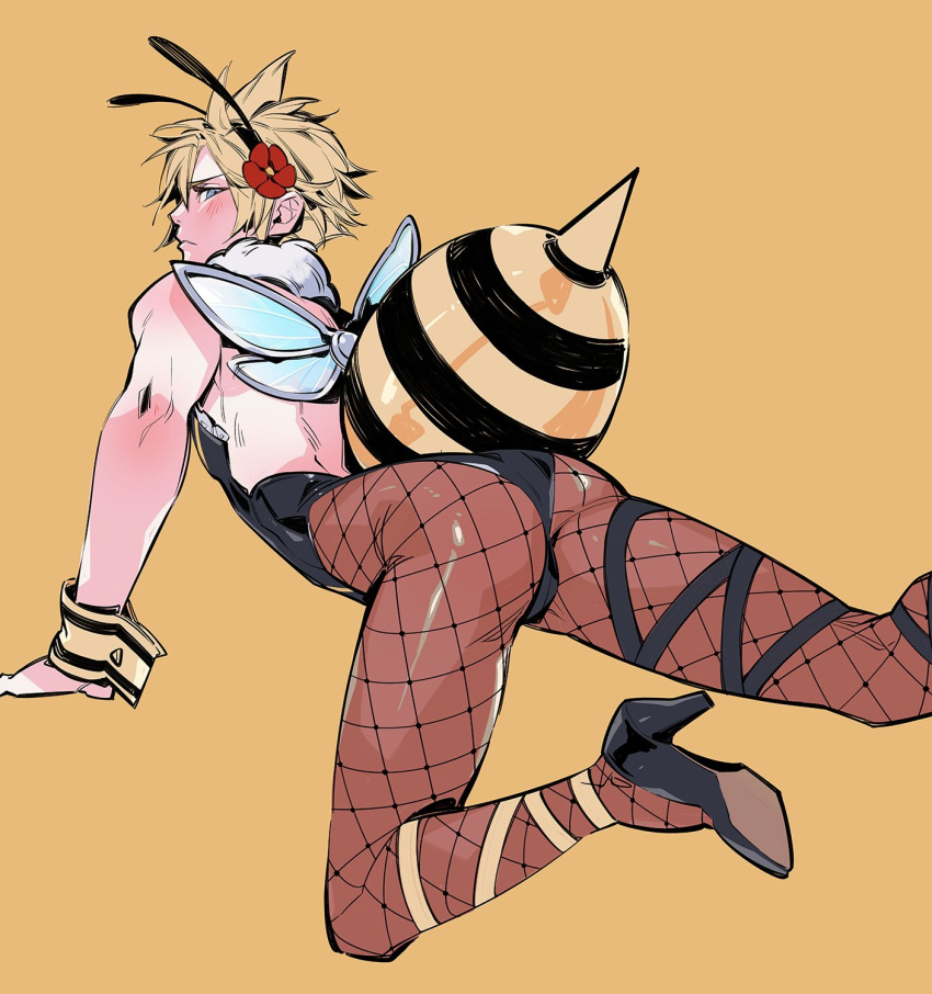 1boy alternate_costume arched_back ass backless_outfit bare_shoulders bee_costume bee_wings black_footwear black_leotard blonde_hair blue_eyes blush chocobobun cloud_strife crossdressing fake_antennae final_fantasy final_fantasy_vii final_fantasy_vii_remake fishnet_pantyhose fishnets flower foot_out_of_frame fur_collar hair_between_eyes hair_flower hair_ornament high_heels highres leotard looking_at_viewer male_focus orange_background pantyhose pumps red_flower short_hair solo spiked_hair strapless strapless_leotard white_fur wrist_cuffs