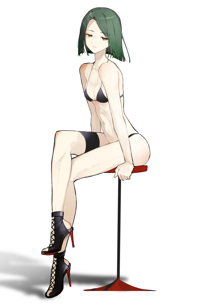 absurdres bar_stool bikini black_footwear boots brown_eyes closed_mouth commentary english_commentary fate/zero fate_(series) female full_body green_hair high_heel_boots high_heels highres hisau_maiya neko_(ganecooo) second-party_source short_hair simple_background sitting solo stool swimsuit thigh_strap white_background white_bikini