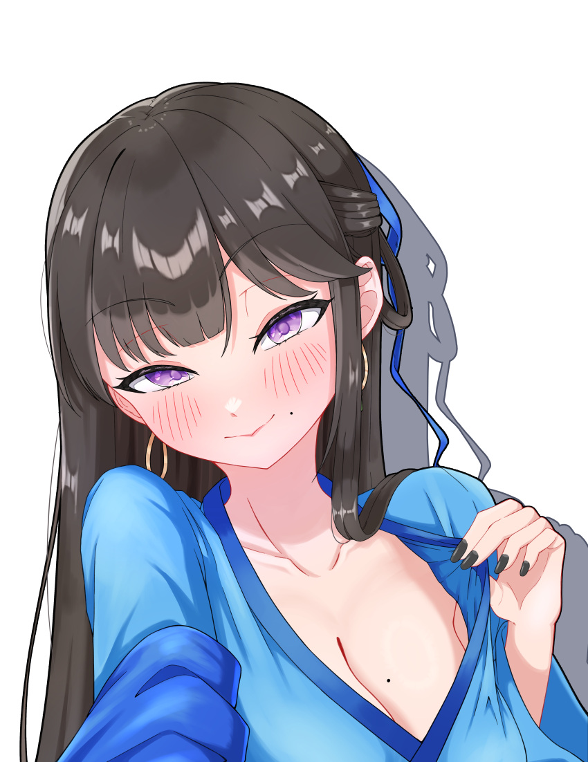 absurdres balcony black_nails blush breasts chinese_clothes cleavage female hair_ribbon hanfu highres indara779 legend_of_mortal long_hair looking_at_viewer mole mole_on_breast mole_under_mouth purple_eyes ribbon shadow simple_background smile solo white_background xiahou_lan