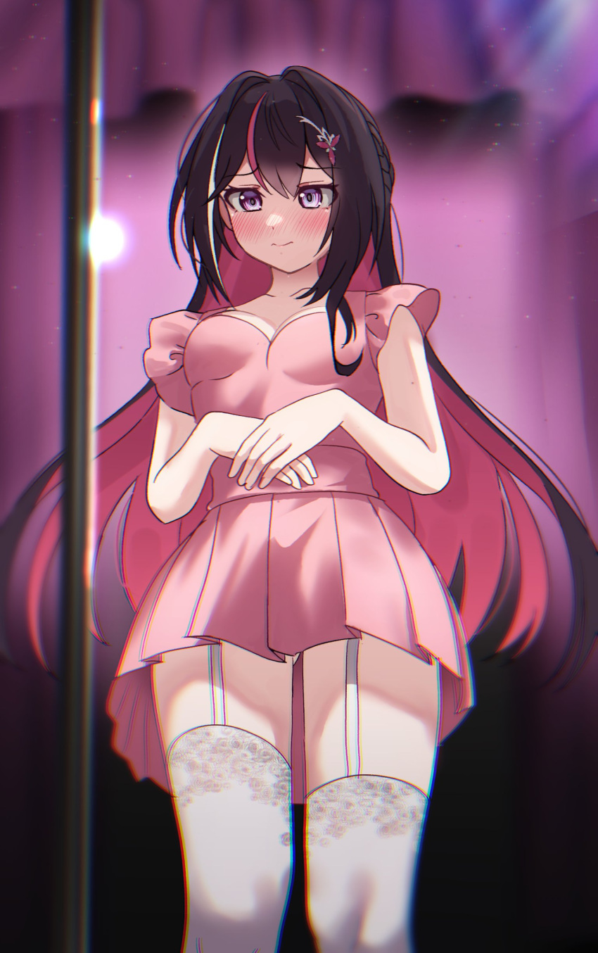 absurdres azki_(hololive) black_hair breasts colored_inner_hair curtains dress embarrassed female frilled_sleeves frills garter_straps hair_intakes highres hololive indoors kumarang long_hair medium_breasts multicolored_hair own_hands_together pink_dress pink_hair pleated_dress pole short_dress short_sleeves solo spotlight streaked_hair stripper_pole very_long_hair