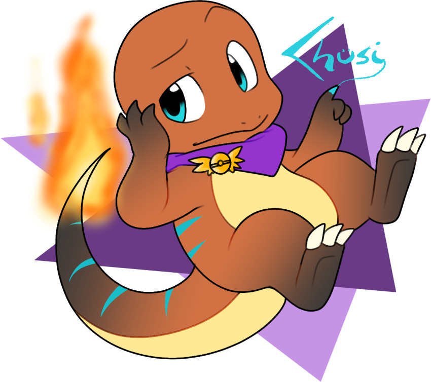 blue_eyes charmander claws fan_character generation_1_pokemon gradient_arms gradient_body gradient_legs gradient_tail male mostly_nude nintendo orange_body original_character pokemon pokemon_(species) pokemon_mystery_dungeon scarf scarf_only spike_chunsoft toe_claws