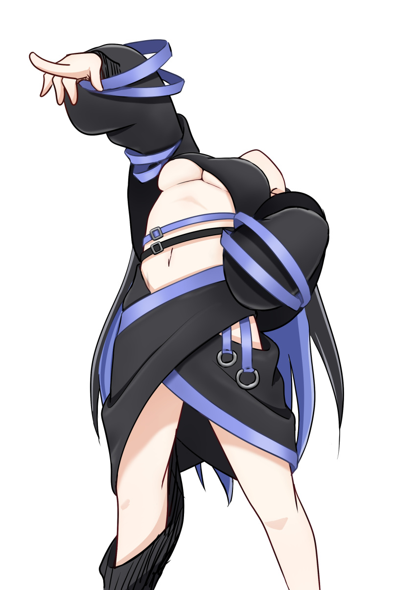 absurdres bandeau belt bent_back black_bandeau black_belt black_hair black_jacket black_skirt blue_belt blue_hair breasts commentary_request cuore_0624 feet_out_of_frame female hebiyoi_tier hebiyoi_tier_(1st_costume) highres hip_vent jacket large_breasts leaning_back long_hair long_sleeves multicolored_hair nanashi_inc. open_clothes open_jacket pointing pointing_forward simple_background skirt solo standing two-tone_hair underboob very_long_hair virtual_youtuber