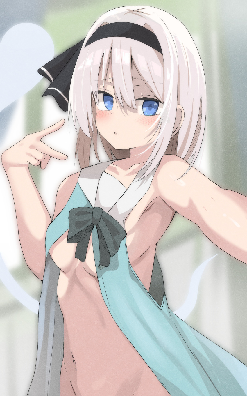 absurdres babydoll bare_arms black_hairband black_ribbon blue_eyes breasts commentary_request daru_(kumakumadon) female green_babydoll grey_hair groin hairband highres konpaku_youmu konpaku_youmu_(ghost) looking_at_viewer navel ribbon short_hair small_breasts solo stomach touhou