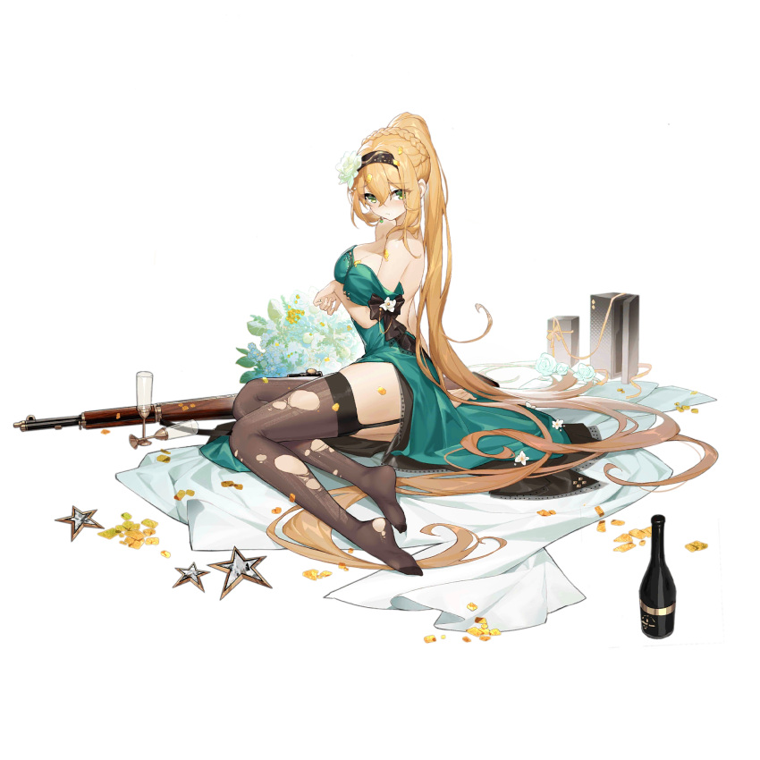 arm_support arm_under_breasts artist_request black_hairband black_thighhighs blonde_hair blush box braid breasts champagne_bottle champagne_flute cleavage closed_mouth confetti crossed_bangs crown_braid cup dress drinking_glass earrings eyes_visible_through_hair feet female flower full_body garter_straps gift gift_box girls'_frontline green_dress green_eyes gun hair_between_eyes hair_flower hair_ornament hair_rings hairband high_ponytail highres jewelry large_breasts long_hair looking_at_viewer m1_garand m1_garand_(bathed_in_starlight)_(girls'_frontline) m1_garand_(girls'_frontline) official_alternate_costume official_art on_floor rifle rose scope simple_background single_bare_shoulder single_strap sitting soles solo star_(symbol) strap_slip tablecloth thighhighs third-party_source torn_clothes torn_thighhighs transparent_background very_long_hair weapon white_flower white_rose