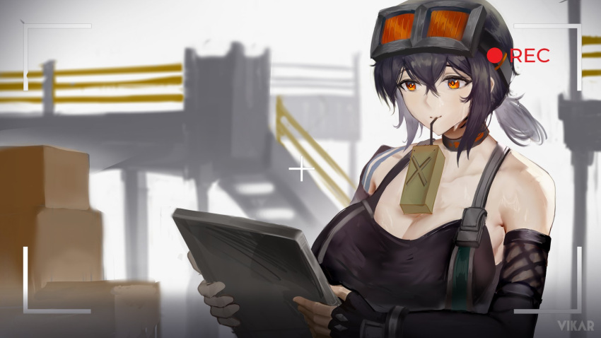 black_gloves black_hair black_tank_top box breasts bubble_tea_challenge cardboard_box cleavage clipboard closed_mouth commentary elbow_gloves english_commentary female fingerless_gloves gloves goggles goggles_on_head grace_howard hair_between_eyes highres holding holding_clipboard juice_box large_breasts long_bangs orange_eyes recording short_hair short_ponytail smile solo stairs tank_top upper_body vikar zenless_zone_zero