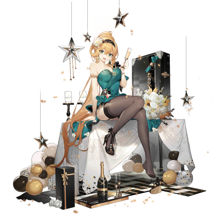 :d artist_request balloon black_footwear black_hairband black_thighhighs blonde_hair box braid breasts champagne_bottle champagne_flute cleavage confetti crossed_bangs crown_braid cup dress drinking_glass earrings feet female flower full_body garter_straps gift gift_box girls'_frontline green_dress green_eyes hair_between_eyes hair_flower hair_ornament hair_rings hairband high_heels high_ponytail highres holding holding_cup jewelry large_breasts long_hair looking_at_viewer m1_garand_(bathed_in_starlight)_(girls'_frontline) m1_garand_(girls'_frontline) official_alternate_costume official_art rose shoes simple_background single_bare_shoulder single_shoe single_strap sitting sitting_on_table smile solo star_(symbol) star_ornament table tablecloth thighhighs third-party_source toeless_footwear transparent_background unworn_footwear very_long_hair weapon_case white_flower white_rose