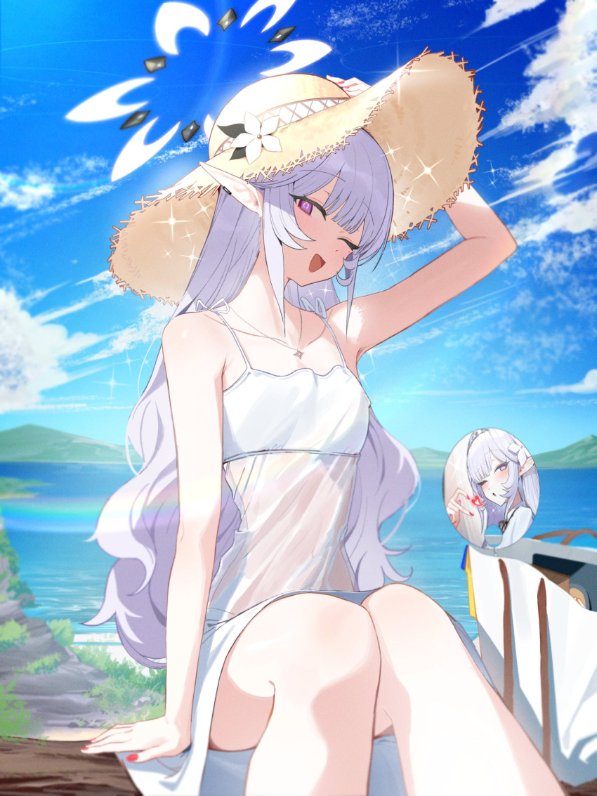 alternate_costume blue_archive dress earclip female halo highres himari_(blue_archive) mole mole_under_eye nail_polish one_eye_closed pointy_ears purple_eyes red_nails see-through see-through_clothes see-through_dress solo white_dress white_hair white_halo zanya_000