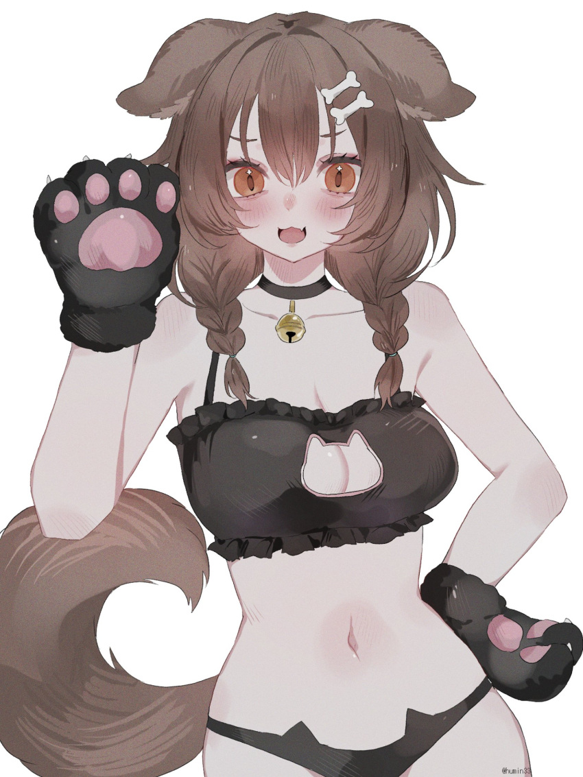 :3 :d alternate_costume animal_ears animal_hands bell blush bone_hair_ornament braid brown_eyes brown_hair cartoon_bone cat_cutout cat_ear_panties cat_lingerie clothing_cutout collarbone dog_ears dog_girl dog_tail female gloves hair_ornament hand_on_own_hip hashtag-only_commentary highres hololive inugami_korone long_hair looking_at_viewer meme_attire mofumin navel neck_bell oerba_yun_fang panties paw_gloves simple_background skin_fang smile solo tail twin_braids twitter_username underwear upper_body virtual_youtuber white_background