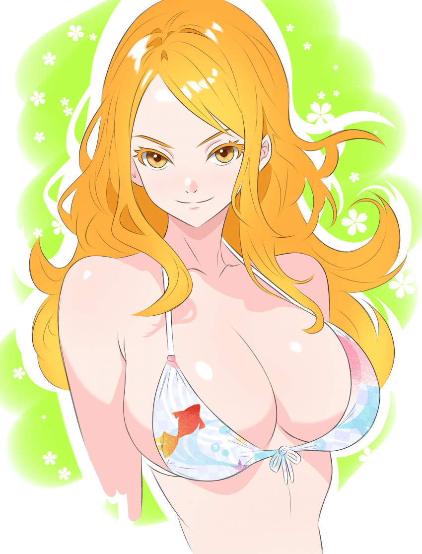 alternate_costume animal_print armpit_crease bare_shoulders bikini breasts cleavage closed_mouth collarbone female fish_print front-tie_bikini_top front-tie_top goldfish_print halterneck highres large_breasts long_hair looking_at_viewer nami_(one_piece) one_piece orange_eyes orange_hair print_bikini sidelocks smile solo stephenapatton stomach swimsuit upper_body wavy_hair white_bikini