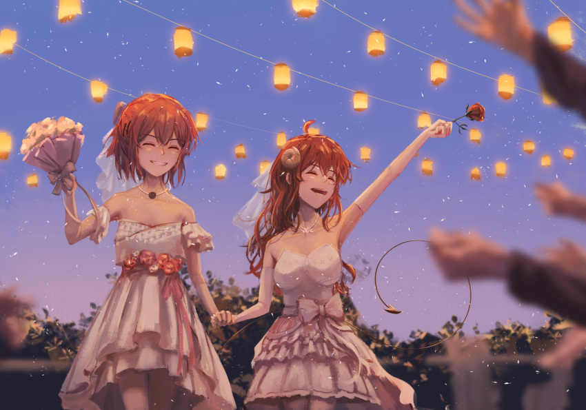 2girls absurdres ahoge blue_sky bouquet brown_hair chiyoda_momo closed_eyes dress elbow_gloves evening flower gloves grin highres holding holding_bouquet holding_flower holding_hands lantern long_hair machikado_mazoku mayoo03 medium_hair multiple_girls open_mouth outdoors paper_lantern petals rose sky smile veil wedding wedding_dress wife_and_wife yoshida_yuuko_(machikado_mazoku) yuri