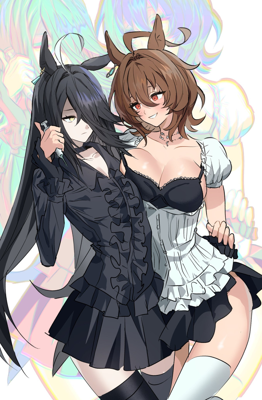 2girls agnes_tachyon_(umamusume) ahoge alternate_costume animal_ears black_dress black_gloves black_hair black_thighhighs breasts brown_hair choker collarbone collared_shirt commentary_request dress earrings frilled_shirt frills gloves grabbing_another's_arm hair_between_eyes hand_on_another's_hand hand_on_another's_hip highres holding holding_syringe horse_ears horse_girl jewelry korean_commentary large_breasts long_hair long_hair_between_eyes long_sleeves looking_at_another manhattan_cafe_(umamusume) medium_hair miniskirt multicolored_hair multiple_girls necklace pleated_skirt pododong139665 red_eyes shirt sidelocks single_earring skirt smile streaked_hair syringe thighhighs two-tone_hair umamusume very_long_hair white_hair white_thighhighs yellow_eyes