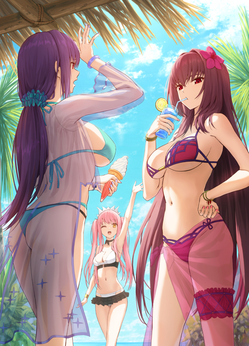 3girls arm_up ass bikini black_skirt blue_sky bracelet breasts brown_hair commentary cup day drinking_glass drinking_straw fate/grand_order fate_(series) food fruit hair_intakes hand_on_own_hip highres holding holding_cup holding_ice_cream_cone ice_cream ice_cream_cone jewelry kamo_ashi large_breasts lemon lemon_slice long_hair low-tied_long_hair medb_(fate) medb_(swimsuit_saber)_(fate) multiple_girls navel one_eye_closed open_mouth outdoors pink_hair purple_bikini purple_hair red_eyes scathach_(fate) scathach_(swimsuit_assassin)_(fate) scathach_skadi_(swimsuit_ruler)_(fate) see-through skirt sky swimsuit thigh_strap twintails very_long_hair yellow_eyes