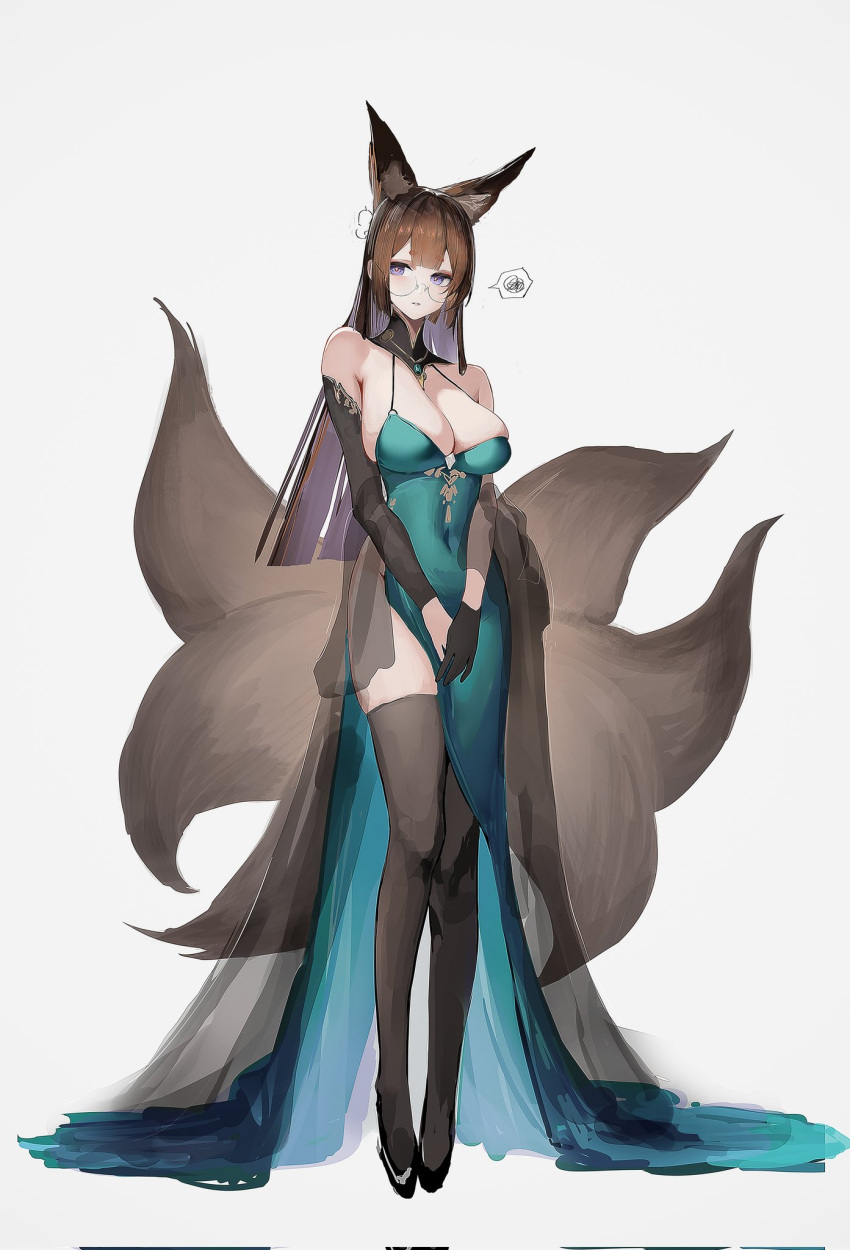 amagi_(azur_lane) amagi_(cv)_(azur_lane) amagi_(cv)_(throne_of_fallen_petals)_(azur_lane) animal_ears aqua_dress azur_lane brown_hair brown_tail commentary covered_navel dress female fox_ears fox_girl fox_tail full_body glasses gloves highres kitsune multiple_tails official_alternate_costume solo tail toki_(rumukio)