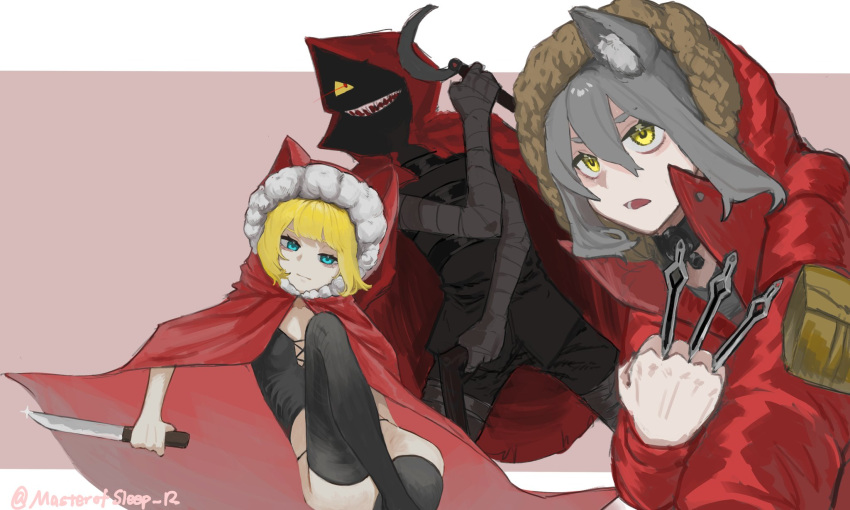 3girls animal_ears animal_hood arknights bandages black_souls black_thighhighs blonde_hair blue_eyes cape closed_mouth fur-trimmed_hood fur_trim gloves grey_hair hair_between_eyes highres holding holding_knife holding_weapon hood hood_up hooded_cape hooded_jacket jacket knife little_red_riding_hooded_mercenary lobotomy_corporation long_sleeves looking_at_viewer medium_hair multiple_girls open_clothes open_jacket open_mouth project_moon projekt_red_(arknights) red_cape red_hood_(black_souls) red_jacket sharp_teeth sleepyran teeth thighhighs trait_connection weapon wolf_ears yellow_eyes