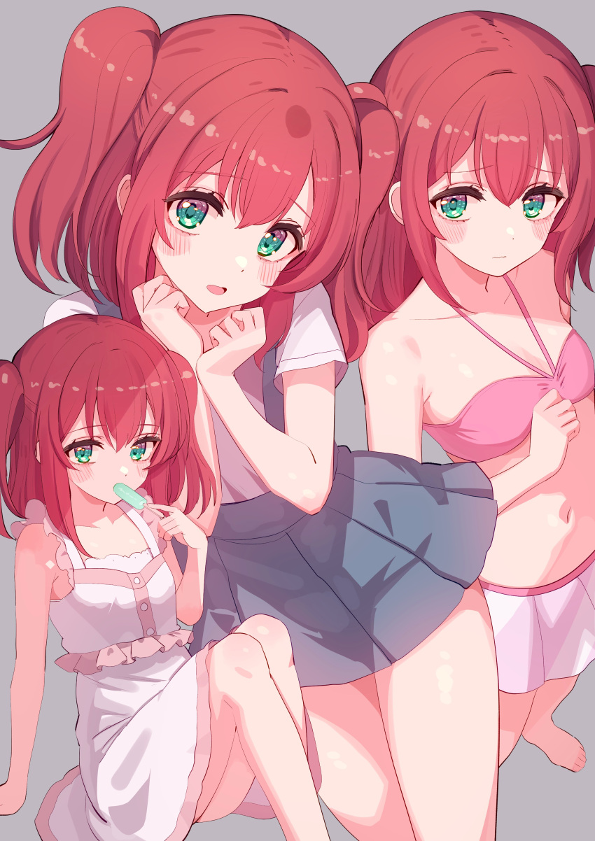 absurdres bikini birthday blush breasts collarbone commentary cream_(nipakupa) eating female food green_eyes highres holding holding_food holding_popsicle kurosawa_ruby looking_at_viewer love_live! love_live!_sunshine!! medium_hair multiple_views popsicle red_hair sidelocks small_breasts swimsuit two_side_up