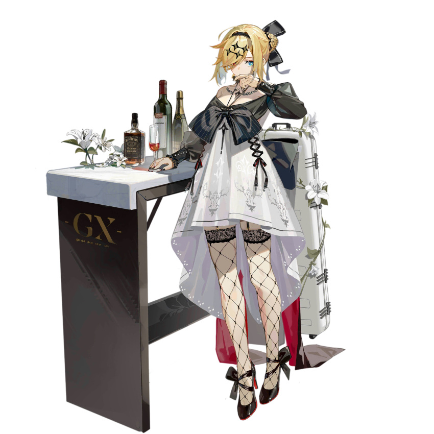 black_bow black_choker black_footwear black_nails black_sleeves blonde_hair blue_eyes bottle bow breasts champagne_bottle champagne_flute choker cleavage cup dress drinking_glass female fingernails fishnet_thighhighs fishnets flower flower_request full_body funengliang_jieheti girls'_frontline hair_bun hair_net hair_over_one_eye hairbow hand_to_own_mouth heterochromia high_heels highres jack_daniel's jewelry long_sleeves looking_at_viewer medium_breasts mg36_(girls'_frontline) mg36_(kudzu_knight)_(girls'_frontline) official_alternate_costume official_art plant puffy_long_sleeves puffy_sleeves red_eyes ring simple_background solo sparkle_hair_ornament standing thighhighs third-party_source transparent_background vines weapon_case white_dress white_flower wine_bottle