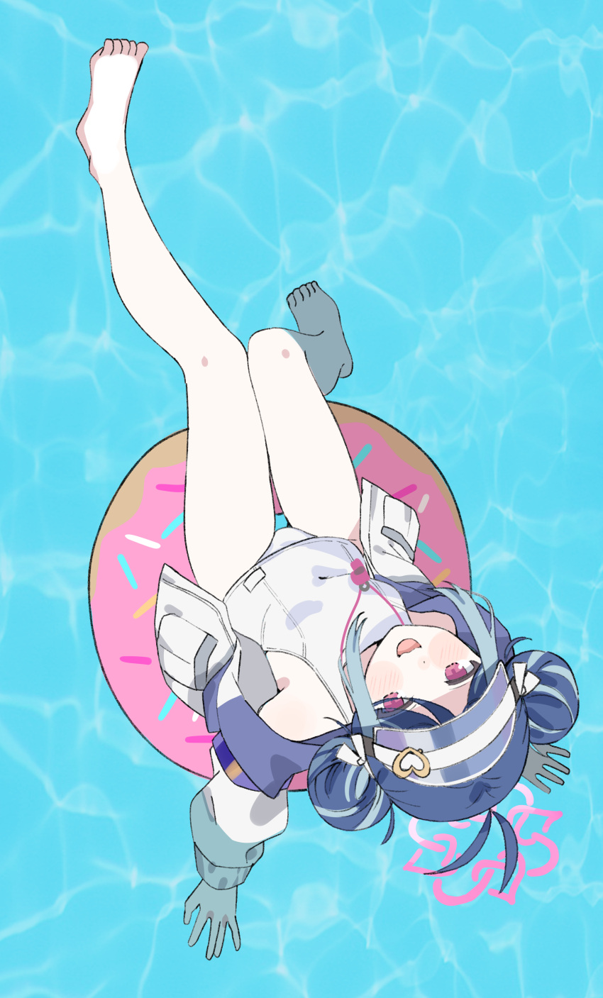 absurdres antenna_hair blue_archive blue_hair daredattakke double_bun doughnut_innertube female from_above fubuki_(blue_archive) fubuki_(swimsuit)_(blue_archive) full_body hair_bun halo highres innertube looking_up one-piece_swimsuit pink_eyes pink_halo solo swim_ring swimsuit water whistle whistle_around_neck white_one-piece_swimsuit