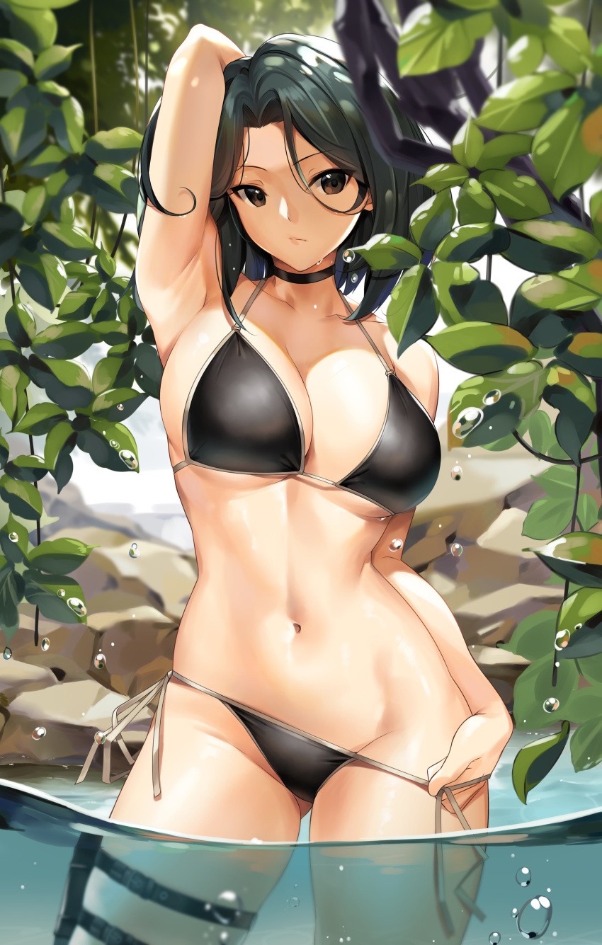 absurdres arm_up armpits bare_shoulders bikini bikini_pull black_bikini black_choker breasts brown_eyes choker cleavage closed_mouth clothes_pull commentary commission dripping english_commentary fate/zero fate_(series) female green_hair halterneck highres hisau_maiya large_breasts leaf looking_to_the_side medium_hair navel outdoors partially_submerged rock second-party_source side-tie_bikini_bottom solo standing string_bikini swimsuit thigh_strap thighs tony_guisado water water_drop