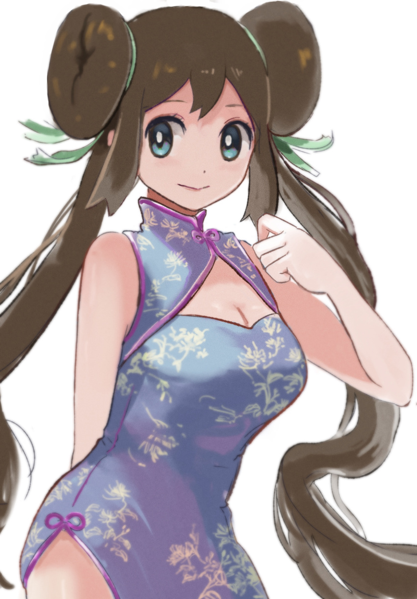 alternate_costume blue_dress breasts bright_pupils brown_hair china_dress chinese_clothes cleavage closed_mouth commentary_request double_bun dress eyelashes female green_ribbons hair_bun hair_ribbon hand_up highres long_hair looking_to_the_side pokemon pokemon_bw2 ribbon ringosan2329 rosa_(pokemon) simple_background solo twintails white_background