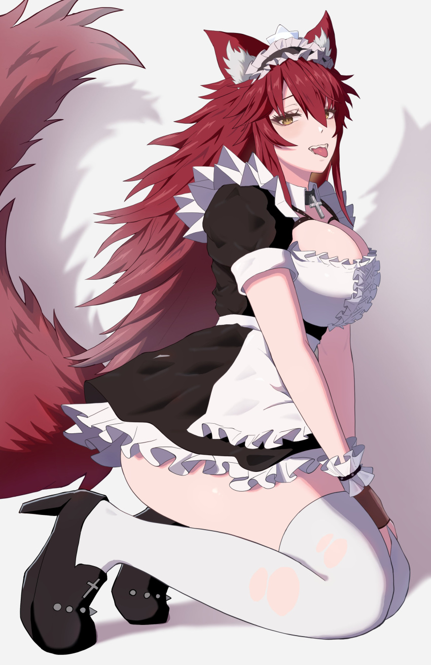 absurdres animal_ear_fluff animal_ears apron black_footwear breasts brown_eyes choker cleavage_cutout clothing_cutout cross cross_choker female hair_between_eyes high_heels highres kneeling large_breasts long_hair looking_at_viewer maid maid_headdress meibin red_hair shadow simple_background solo tail thighhighs tongue tongue_out very_long_hair virtual_youtuber vshojo waist_apron white_thighhighs wolf_ears wolf_girl wolf_tail zentreya