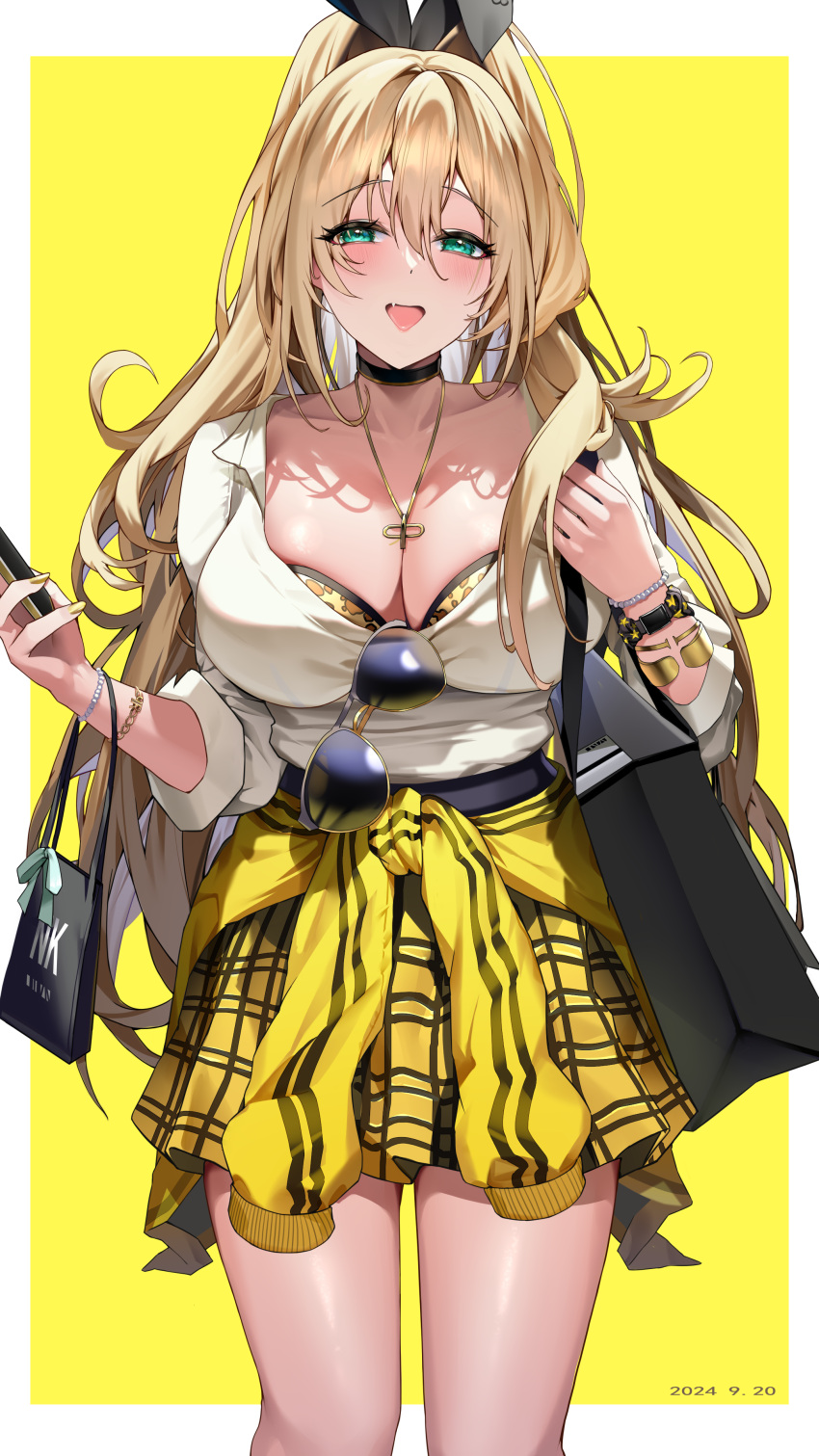 absurdres animal_print bag black_choker blonde_hair blush bow bra bracelet breasts choker cleavage clothes_around_waist commentary eyewear_hang female goddess_of_victory:_nikke green_eyes gyaru hairbow highres holding holding_bag jacket jacket_around_waist jewelry large_breasts long_hair long_sleeves looking_at_viewer necklace open_mouth partially_unbuttoned plaid_clothes plaid_skirt pleated_skirt print_bra rupee_(nikke) shirt shopping_bag sijinni simple_background skirt smile solo sunglasses underwear unworn_eyewear white_shirt yellow_background yellow_skirt