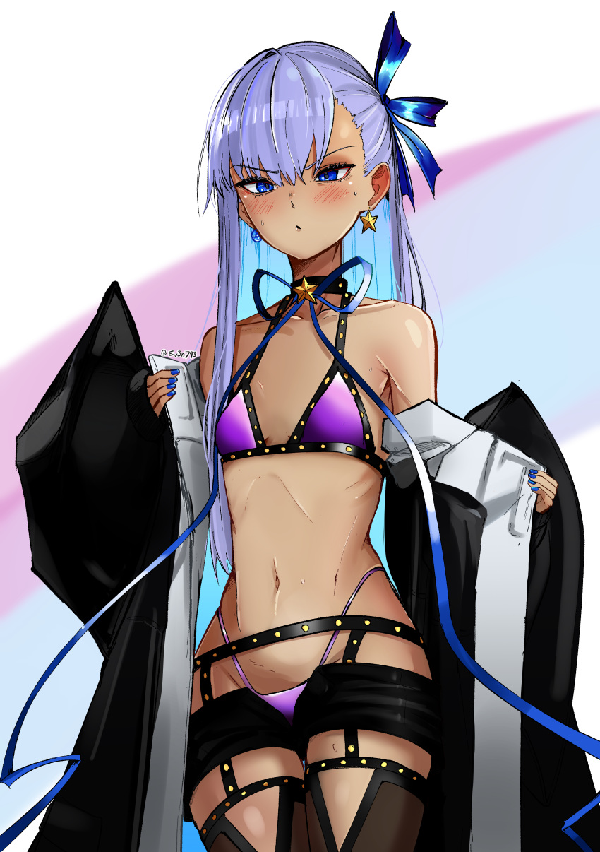 absurdres animal_costume animal_hood bare_shoulders bb_(fate) bb_(swimsuit_mooncancer)_(fate) bb_(swimsuit_mooncancer)_(fate)_(cosplay) bb_(swimsuit_mooncancer)_(second_ascension)_(fate) bikini black_garter_belt blush cosplay earrings ev3n793 fate/extra fate/extra_ccc fate/grand_order fate_(series) female garter_belt gyaru hair_ribbon highres hood jewelry long_hair looking_at_viewer meltryllis_(fate) meltryllis_(swimsuit_lancer)_(fate) meltryllis_(swimsuit_lancer)_(first_ascension)_(fate) micro_shorts non-web_source penguin_costume penguin_hood purple_bikini purple_hair ribbon shorts sleeves_past_fingers sleeves_past_wrists star_(symbol) star_earrings studded_garter_belt swimsuit tan thighhighs very_long_hair