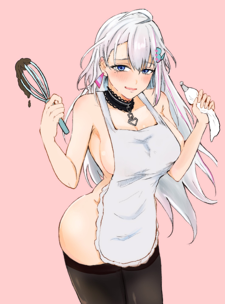 ahoge apron armpit_crease bare_shoulders black_choker black_thighhighs blue_eyes blush breasts chains choker cleavage ear_piercing ember_amane female highres holding holding_whisk large_breasts long_hair looking_at_viewer madaosw mole mole_under_eye multicolored_hair naked_apron parted_lips phase_connect piercing pink_background pink_hair second-party_source sideboob simple_background smile solo streaked_hair thighhighs virtual_youtuber whisk white_apron white_hair