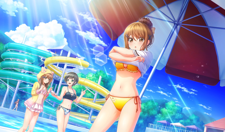 4girls :d animal_hood beach_umbrella beads bikini bikini_under_clothes black_hair blurry bow brown_eyes brown_hair cat_hood cinderella_series depth_of_field dutch_angle eye_contact floral_print_bikini frilled_bikini frills game_cg green_eyes hachigatsu_no_cinderella_nine hair_beads hair_bun hair_ornament hairbow hairclip halterneck highres hood hood_up hoodie index_finger_raised kawakita_tomoe lens_flare light_particles light_rays looking_at_another looking_at_viewer multiple_girls navel nitta_minako non-web_source official_alternate_hairstyle official_art open_clothes open_hoodie open_mouth orange_bikini outdoors parted_lips pink_bikini pool poolside shirt short_hair short_sleeves side-tie_bikini_bottom single_hair_bun smile solo_focus string_bikini sunbeam sunlight swimsuit ukita_akane umbrella undressing white_shirt yellow_bow yellow_hoodie