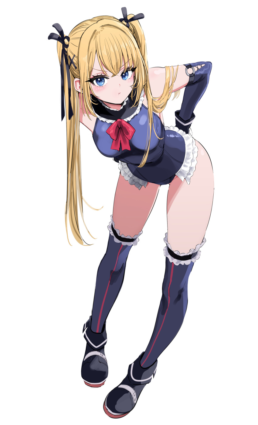 absurdres bare_shoulders blonde_hair blue_eyes blue_gloves blue_leotard blue_socks blush bow bowtie breasts closed_mouth commentary_request dead_or_alive elbow_gloves female frilled_leotard frilled_socks frills full_body gloves hands_on_own_hips highres kneehighs leaning_forward leotard long_hair looking_at_viewer marie_rose marie_rose_(devilish_servant_against_the_splashing_waves) medium_breasts pizzasi pout red_bow red_bowtie simple_background socks solo standing twintails v-shaped_eyebrows white_background