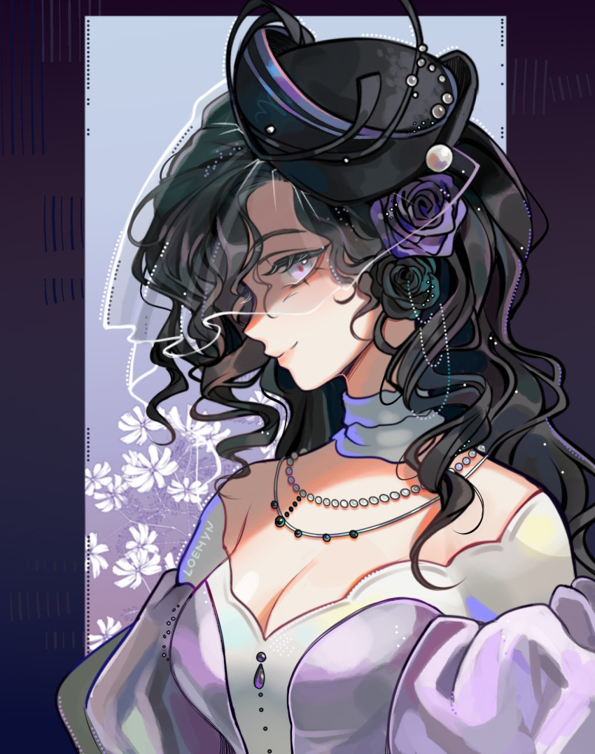 black_flower black_hair black_hat black_rose breasts cleavage curly_hair dress flower hair_flower hair_ornament hat highres isolde_(reverse:1999) jewelry loemyn long_hair looking_at_viewer necklace pearl_necklace profile puffy_sleeves purple_background purple_dress purple_eyes purple_flower purple_rose reverse:1999 rose see-through see-through_veil shaded_face smile veil