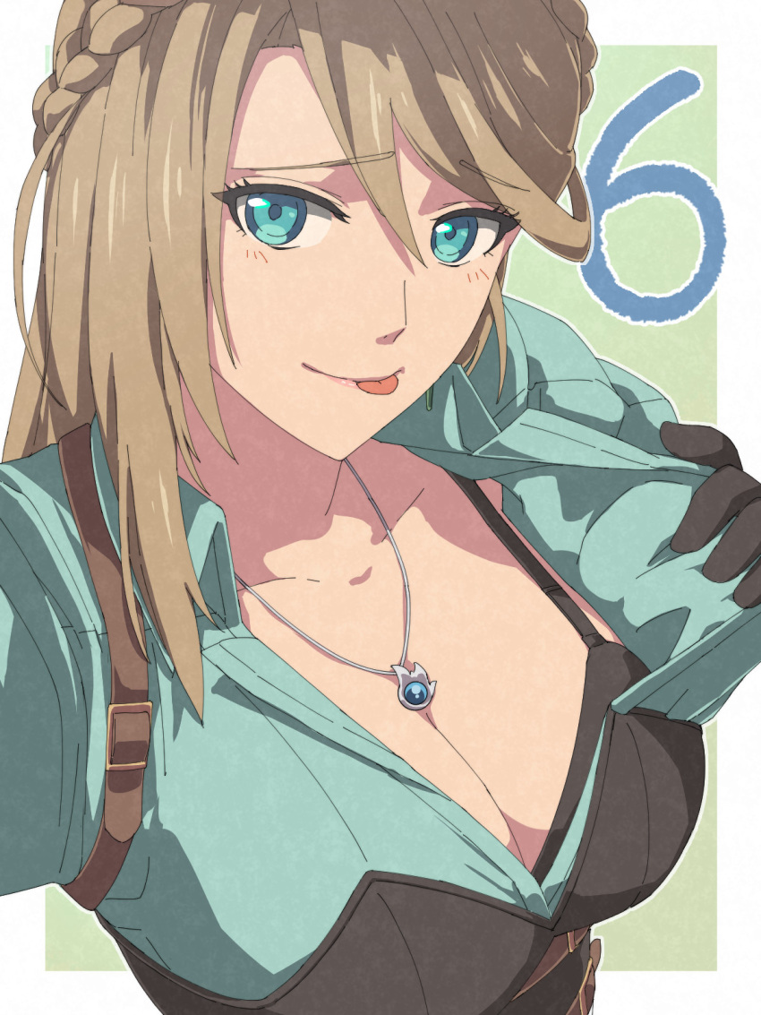 :p blonde_hair blue_eyes border braid breasts chiharu_(9654784) cleavage collarbone commentary_request countdown crown_braid eiyuu_densetsu elaine_auclair female furrowed_brow green_background hair_between_eyes highres jewelry kai_no_kiseki kuro_no_kiseki_(series) large_breasts long_hair looking_at_viewer necklace outside_border pov simple_background solo tongue tongue_out white_border