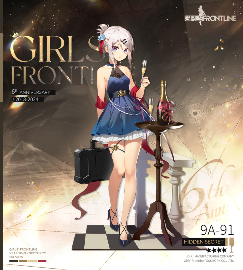 9a-91_(girls'_frontline) 9a-91_(hidden_secret)_(girls'_frontline) alcohol anniversary belt black_belt black_footwear blue_dress blue_eyes breasts champagne champagne_bottle champagne_flute character_name checkered_floor closed_mouth commentary company_name copyright_name cup dress drinking_glass english_commentary fangdan_runiu female fish_hair_ornament flower folded_ponytail full_body girls'_frontline hair_between_eyes hair_flower hair_ornament hair_ribbon hairclip high_heels highres holding holding_case holding_cup light_smile looking_at_viewer medium_breasts no_socks official_alternate_costume official_art promotional_art railing red_ribbon red_shawl ribbon second-party_source shawl short_hair sidelocks sleeveless sleeveless_dress solo standing star_(symbol) table thigh_strap tile_floor tiles weapon_case white_hair