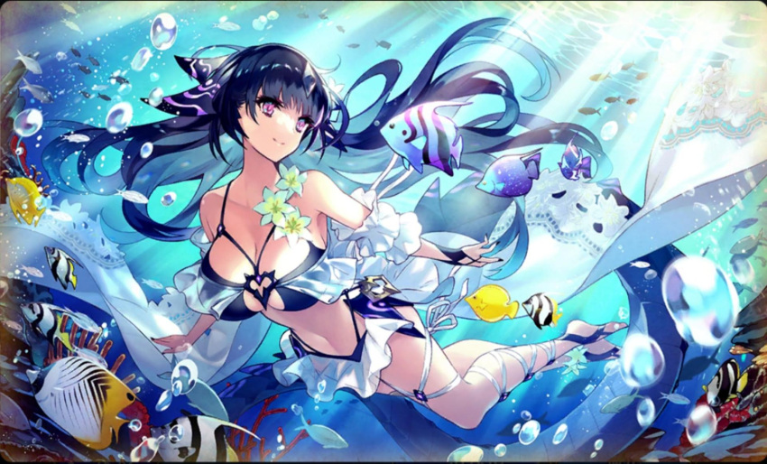 air_bubble aqua_hair bikini breasts bubble claybelle closed_mouth colored_inner_hair dare_ga_tame_no_alchemist female fish full_body hair_ornament highres large_breasts long_hair multicolored_hair ocean official_alternate_costume official_art outdoors purple_bikini purple_eyes purple_hair smile swimming swimsuit underwater