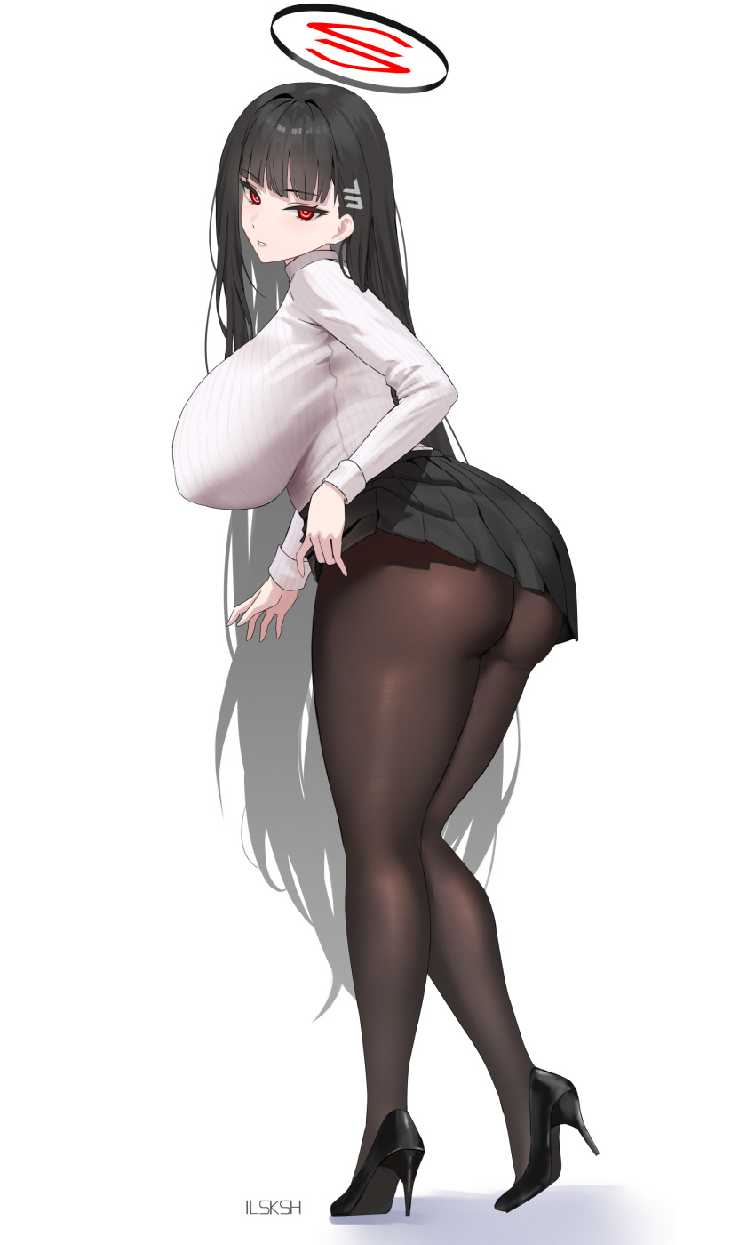 absurdres ass black_hair black_skirt blue_archive blush breasts brown_pantyhose clothes_lift female full_body hair_ornament hairclip halo high_heels highres huge_breasts ilsksh long_hair long_sleeves looking_at_viewer looking_back miniskirt pantyhose pleated_skirt red_eyes ribbed_sweater rio_(blue_archive) simple_background skirt skirt_lift solo sweater thighs turtleneck turtleneck_sweater very_long_hair white_background white_sweater