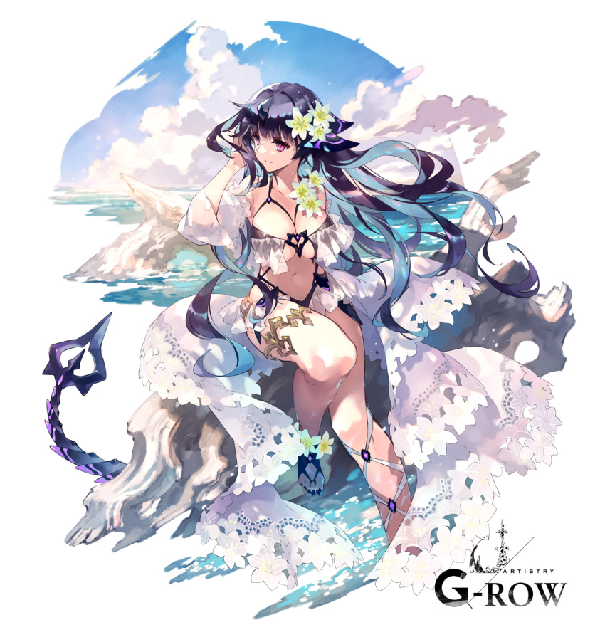 aqua_hair arm_support bikini blue_sky breasts claybelle closed_mouth cloud colored_inner_hair commentary_request da-kuro dare_ga_tame_no_alchemist day dragon_girl female flower foot_out_of_frame full_body hair_flower hair_ornament hand_up highres large_breasts long_hair midriff multicolored_hair no_socks ocean official_alternate_costume official_art outdoors purple_bikini purple_eyes purple_footwear purple_hair sandals second-party_source sitting sky smile solo straight-on swimsuit tail thighs white_flower