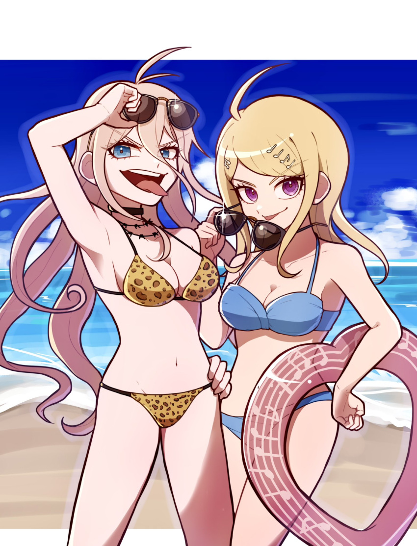 2girls ahoge akamatsu_kaede barbed_wire bikini black_choker blue_bikini breasts choker cowboy_shot danganronpa_(series) danganronpa_v3:_killing_harmony day hair_ornament highres holding holding_swim_ring iruma_miu kirin_(suzoke_1) large_breasts long_hair multiple_girls musical_note musical_note_hair_ornament navel open_mouth smile stomach swim_ring swimsuit