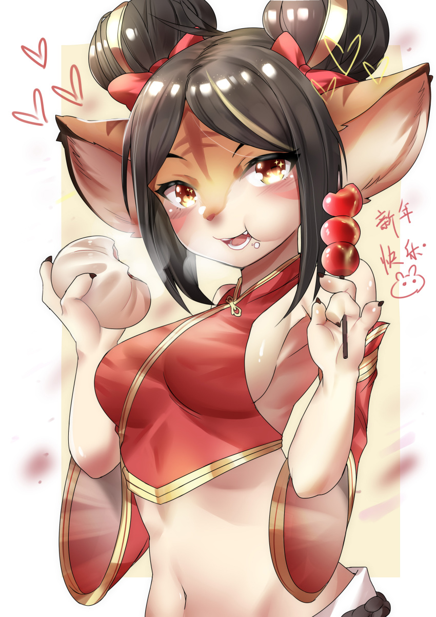 2022 absurd_res anthro asian_clothing black_hair blush breasts clothing deer east_asian_clothing female firecracker_tristana food hair hi_res holding_food holding_object league_of_legends looking_at_viewer mammal midriff navel open_mouth riot_games side_boob smile solo tencent tristana_(lol) user_cpsf8285 yordle