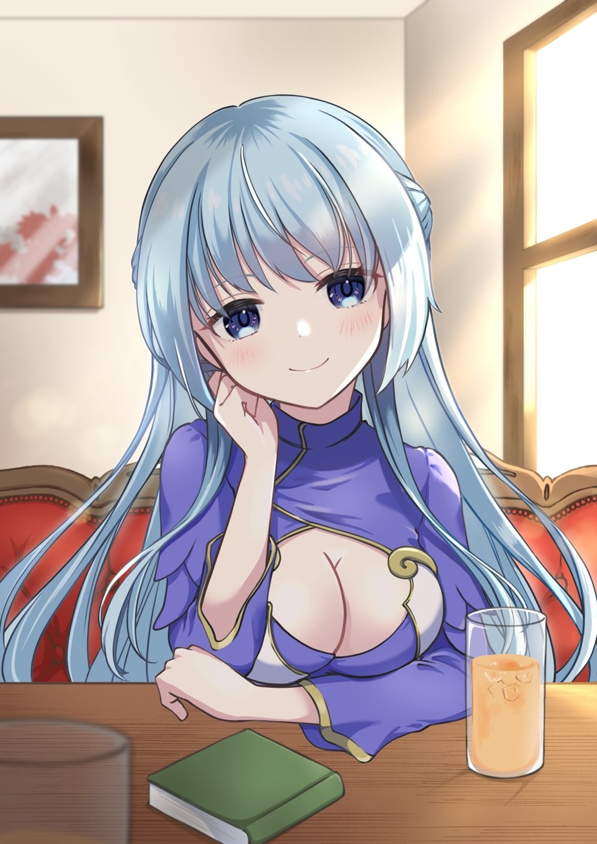 blue_eyes blue_hair blue_lotus_(flower_knight_girl) book breasts cleavage cleavage_cutout clothing_cutout commentary_request cup drinking_glass female flower_knight_girl highres indoors large_breasts long_hair long_sleeves looking_at_viewer sakuragi_sayu sitting smile solo