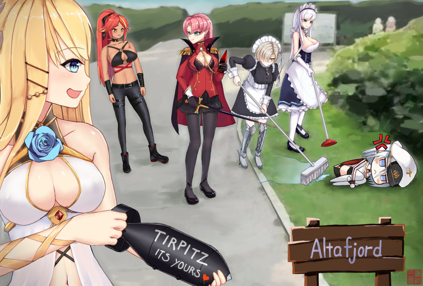 6+girls azur_lane belfast_(azur_lane) belt belt_buckle black_belt black_bra black_collar black_gloves black_pants blonde_hair blue_eyes blue_flower blue_rose bomb boots bra bra_peek breasts broom brown_hair buckle cleavage cleavage_cutout clothing_cutout collar commentary_request cosplay cross cross_necklace dark-skinned_female dark_skin duke_of_york_(azur_lane) empty_eyes english_text explosive fetal_position flower gachimuchi gloves grey_hair hat heart historical_event holding holding_bomb holding_broom holding_sword holding_weapon jamaica_(azur_lane) jewelry large_breasts laurel_crown long_hair long_sleeves maid maid_headdress midriff multicolored_hair multiple_girls navel necklace open_mouth operation_tungsten pants pantyhose peaked_cap pink_hair pointy_ears ponytail red_hair rose sheffield_(azur_lane) sleeveless spiked_collar spikes streaked_hair sword tirpitz_(azur_lane) underwear van_darkholme van_darkholme_(cosplay) victorious_(azur_lane) weapon white_gloves yellow_eyes zhongxun_sanshuang