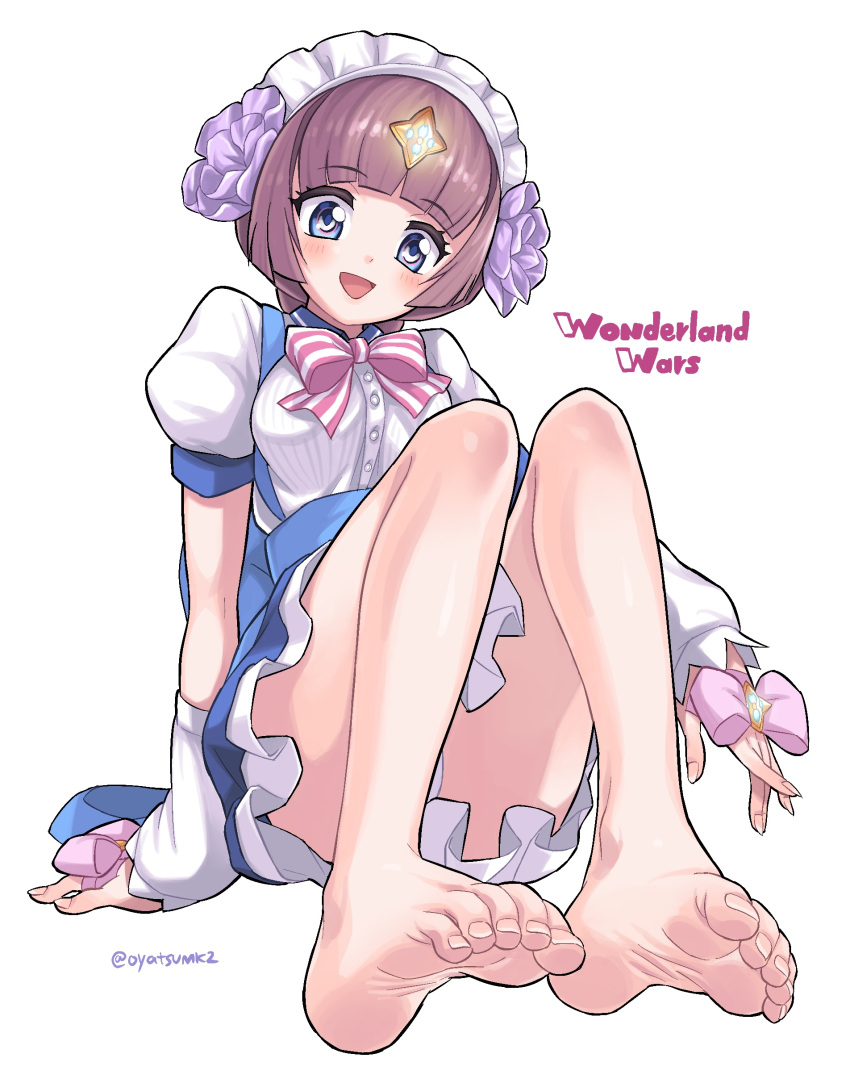 absurdres bare_legs barefoot blue_eyes bob_cut brown_hair coppelia_(wonderland_wars) detached_sleeves dress feet female flower foot_focus foreshortening frills hair_flower hair_ornament highres maid_headdress oyatsu_(mk2) ribbon short_hair simple_background sitting smile soles solo toenails toes white_background wonderland_wars