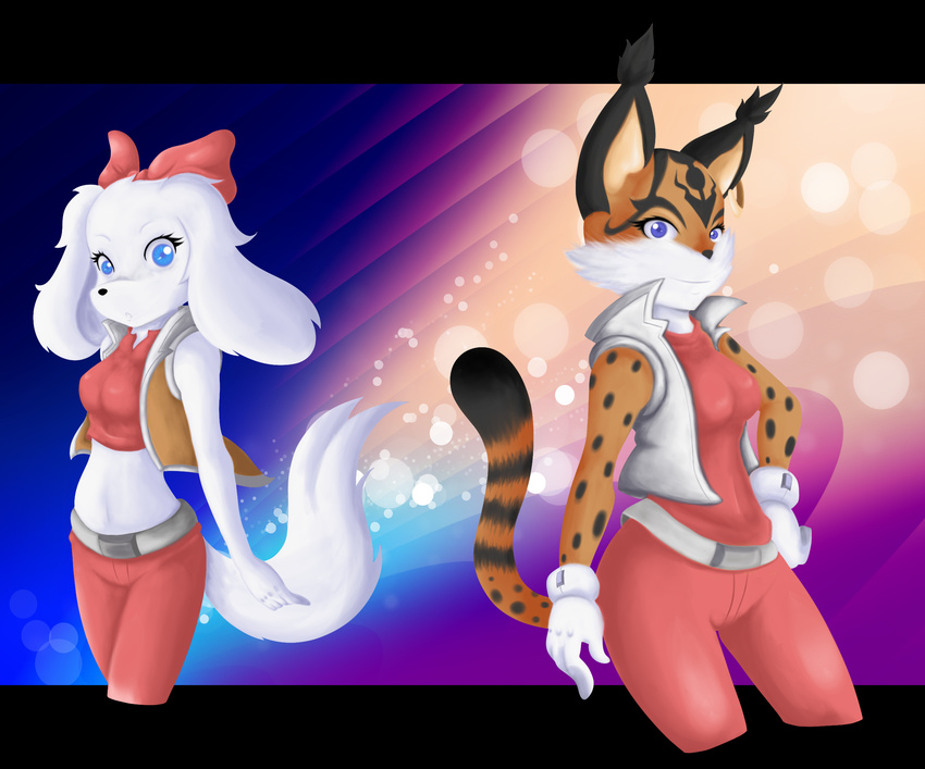 anthro belt black_nose blue_eyes brown_body brown_fur canid canine canis clothing domestic_dog duo fay_(star_fox) felid feline female fur hi_res jacket kamira lynx mammal miyu_(star_fox) nintendo star_fox stripes topwear