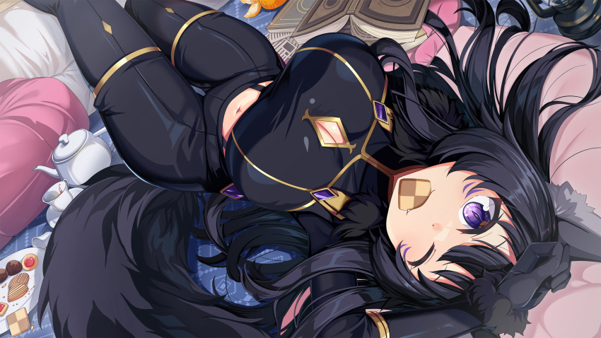 animal_ear_fluff animal_ears black_bodysuit black_gloves black_hair bodysuit book breasts cleavage cleavage_cutout clothing_cutout cookie cushion delta_(kage_no_jitsuryokusha_ni_naritakute!) facepaint female food fruit gem gloves gold_trim hand_on_own_forehead hands_up highres kage_no_jitsuryokusha_ni_naritakute! long_hair looking_at_viewer lying on_back open_book orange_(fruit) purple_eyes purple_gemstone purple_hair smile solo tail teapot wolf_ears wolf_girl wolf_tail yasume_yukito