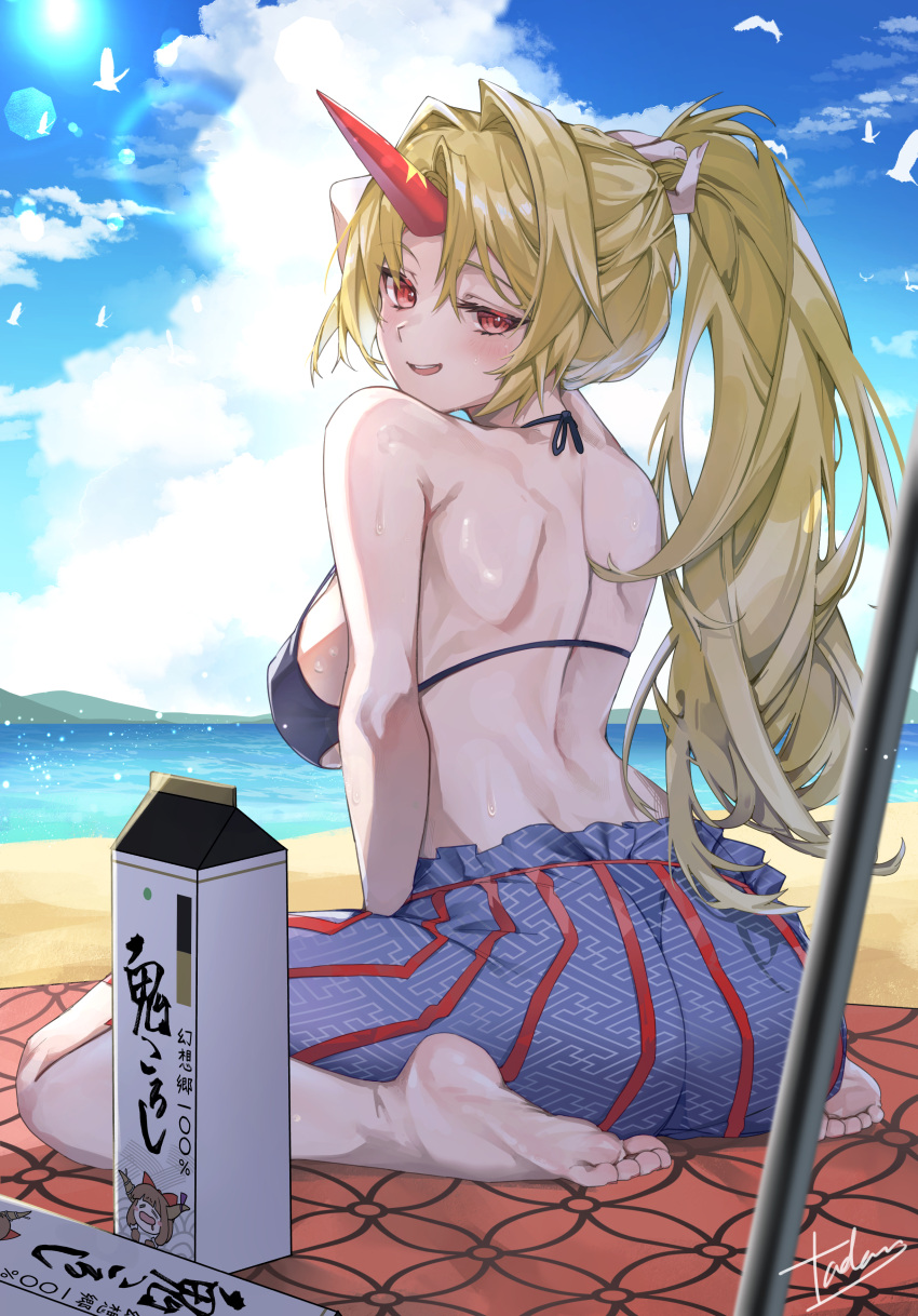 absurdres ass back barefoot beach bikini bikini_top_only blonde_hair blue_skirt blue_sky breasts day feet female full_body high_ponytail highres horns hoshiguma_yuugi ibuki_suika long_hair long_skirt looking_at_viewer looking_back no_panties no_shirt ocean outdoors red_eyes red_horns see-through_clothes single_horn skirt sky smile soles solo star_(symbol) star_print striped_clothes striped_skirt swimsuit tadano1129 toenails toes touhou translation_request