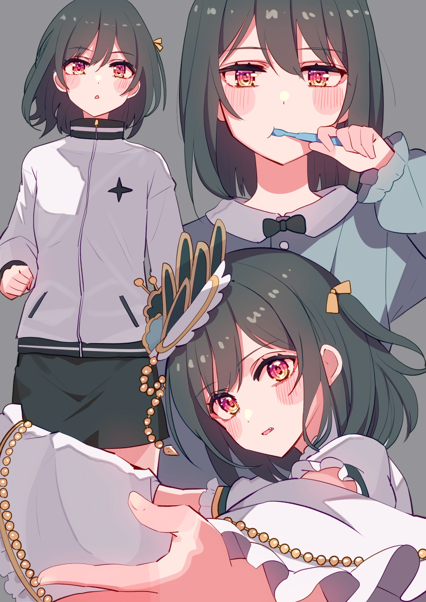 absurdres birthday blush brushing_teeth commentary cream_(nipakupa) female green_hair highres holding holding_toothbrush jacket jogging ketsui_no_hikari love_live! love_live!_nijigasaki_high_school_idol_club medium_hair mifune_shioriko multiple_views oerba_yun_fang orange_eyes toothbrush track_jacket upper_body