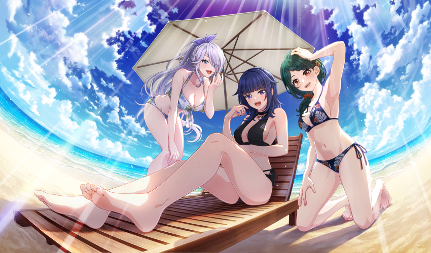 3girls :d arm_up barefoot beach beach_chair beach_umbrella bikini black_bikini blue_eyes blue_hair blunt_bangs bow braid breasts brown_eyes cinderella_series cleavage cloud cumulonimbus_cloud dark_blue_hair eyes_visible_through_hair fisheye full_body game_cg green_hair hachigatsu_no_cinderella_nine hair_down hair_ornament hair_over_one_eye hair_scrunchie hairbow hairclip halterneck hand_on_own_head hand_on_own_knee hand_on_own_leg high_ponytail highres kneeling kusakari_rena light_rays long_hair looking_at_viewer multiple_girls navel noguchi_shinobu non-web_source ocean official_alternate_hairstyle official_art one_eye_covered open_mouth outdoors print_bikini purple_bow red_scrunchie sagara_yoshino scrunchie side-tie_bikini_bottom sitting sky smile standing string_bikini sunbeam sunlight swimsuit teeth umbrella upper_teeth_only white_hair wooden_chair